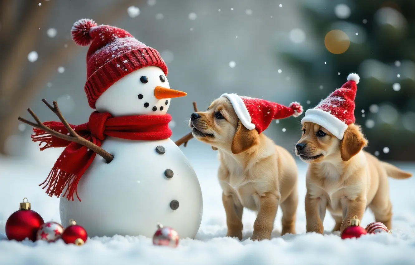 Фото обои зима, взгляд, шарики, снег, новый год, Рождество, сугробы, снеговик