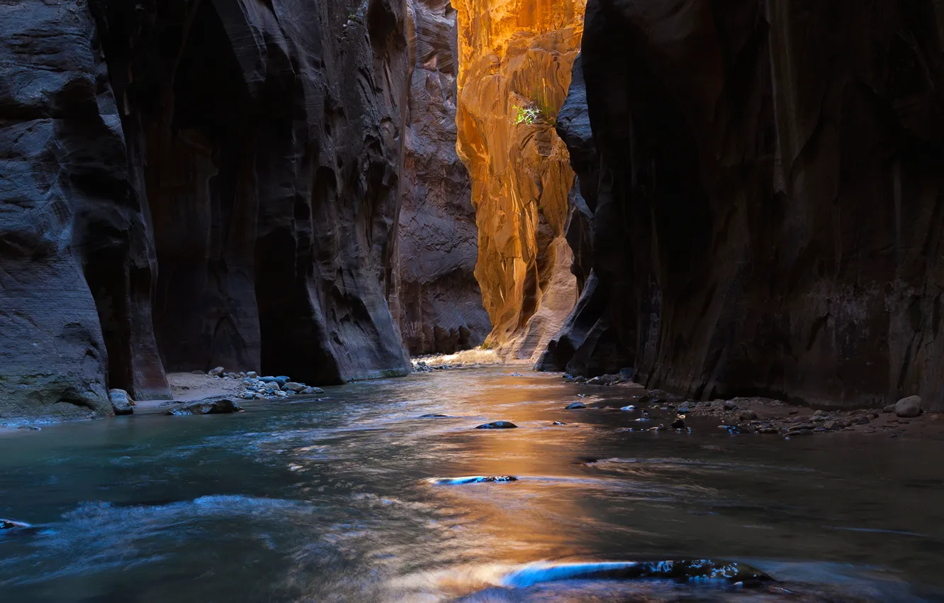 Фото обои свет, река, камни, каньон, ущелье