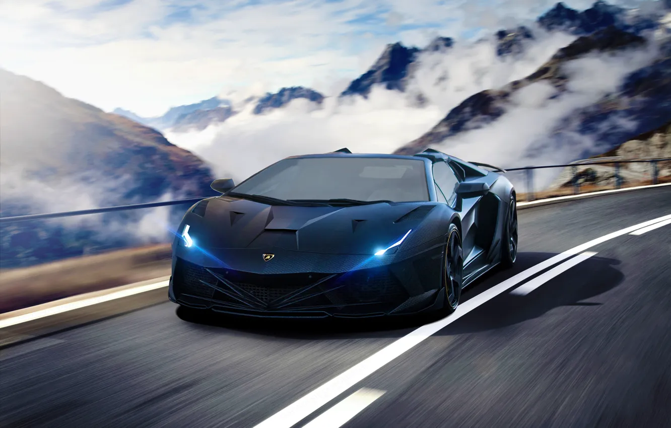 Фото обои Lamborghini, Speed, Front, Tuning, Aventador, Road, Supercar, Fog