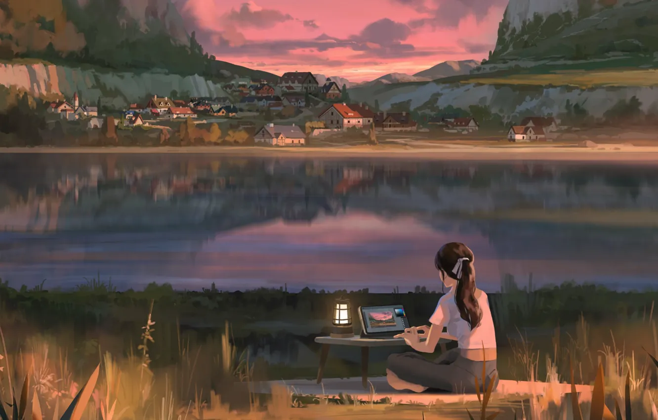 Фото обои тишина, ноутбук, городок, художница, на берегу, со спины, за столиком, у озера