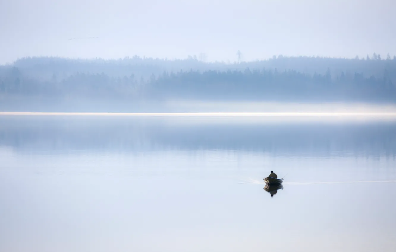 Фото обои туман, озеро, лодка