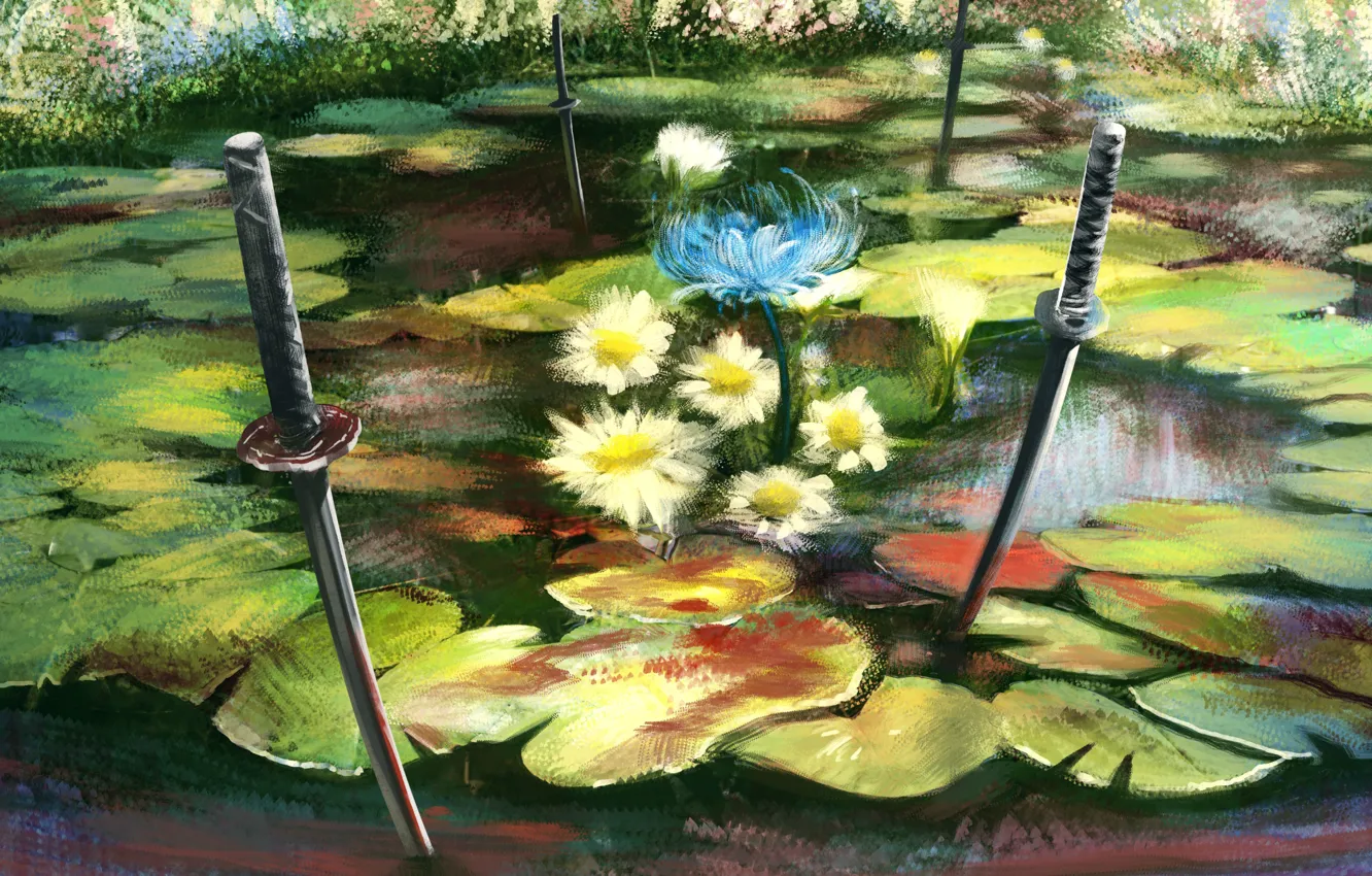 Фото обои листья, цветы, природа, пруд, катаны