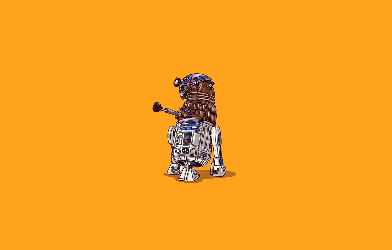 Фото обои Star Wars, R2D2, Звёздные Войны, Doctor Who, желтый фон, Доктор Кто, R2-D2, Dalek