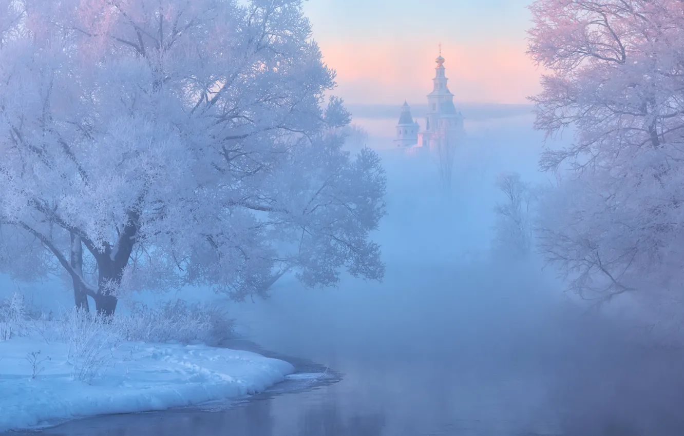 Фото обои Winter, river, trees, landscape, nature, sunset, snow, cold