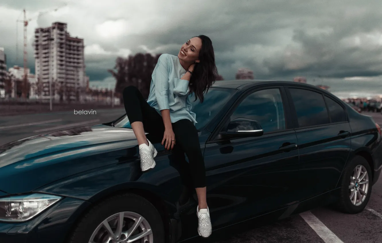 Фото обои машина, авто, девушка, поза, улыбка, BMW, Belavin, Александр Белавин