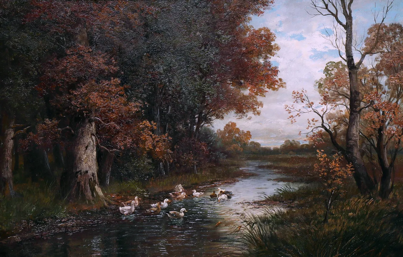 Фото обои Деревья, Пруд, Картина, Alois Arnegger, Утки, Алоис Арнеггер, Австрийский живописец, Утки на пруду в осеннем …