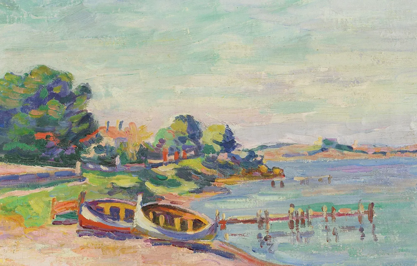 Фото обои пейзаж, берег, лодка, картина, Арман Гийомен, Armand Guillaumin, Southern Landscape. Le Brusc