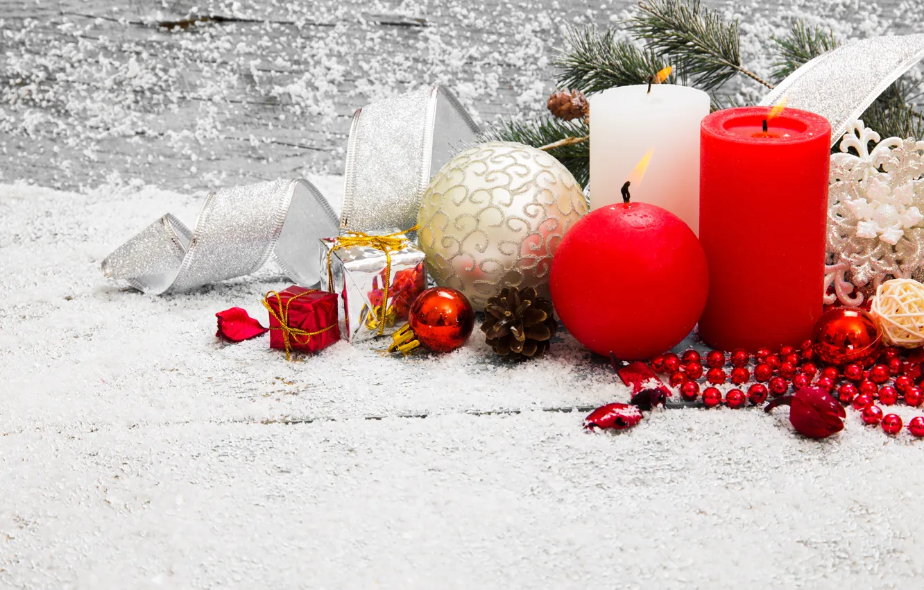 Фото обои снег, украшения, елка, свечи, Новый Год, Рождество, Christmas, snow