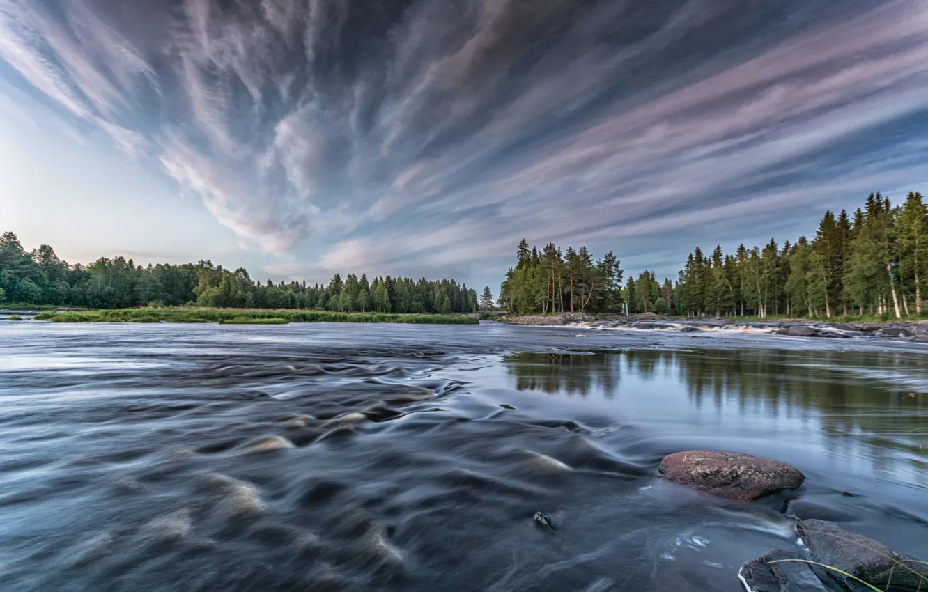 Фото обои лес, облака, река, Финляндия