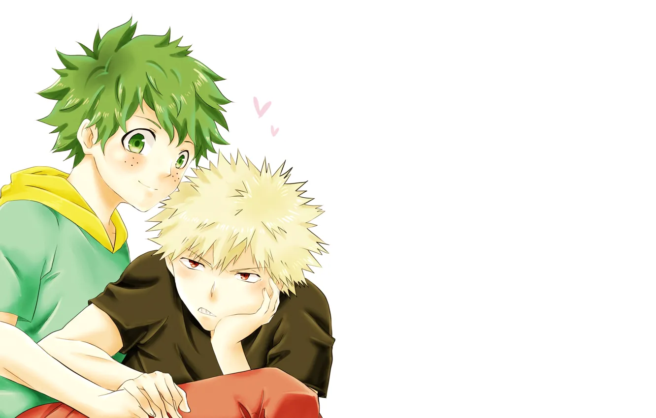 Фото обои белый фон, Boku no Hero Academia, My Hero Academia, Bakugou Katsuki, Midoriya Izuku, Моя Геройская …