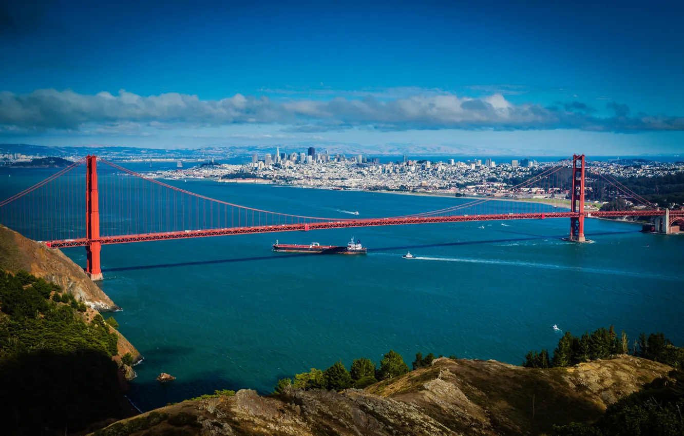 Фото обои море, небо, мост, город, Золотые ворота, Сан Франциско