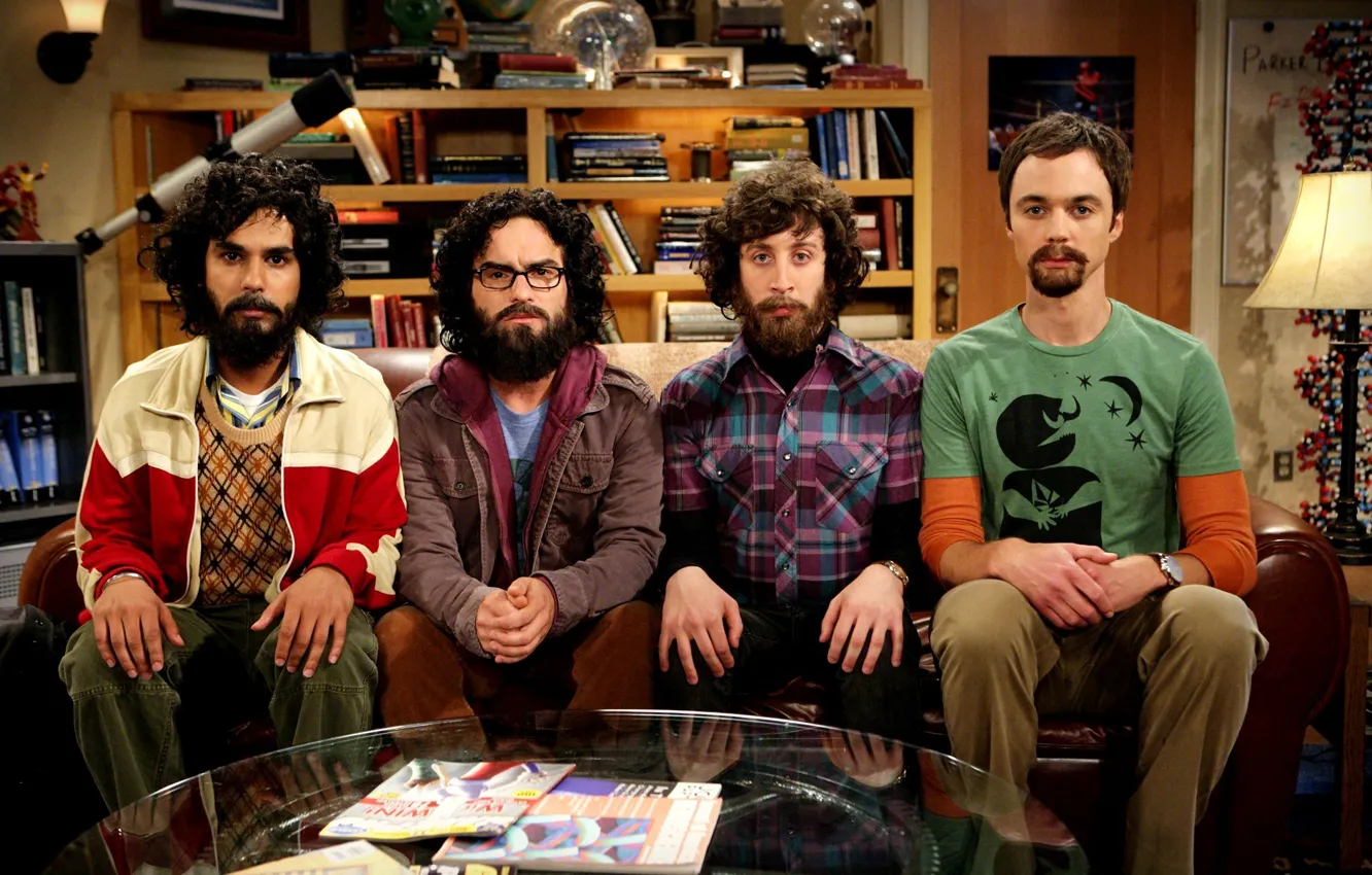 Фото обои диван, борода, актеры, The Big Bang Theory