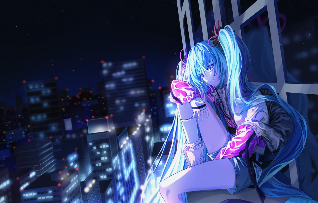 Фото обои девушка, ночь, город, Hatsune Miku, Vocaloid