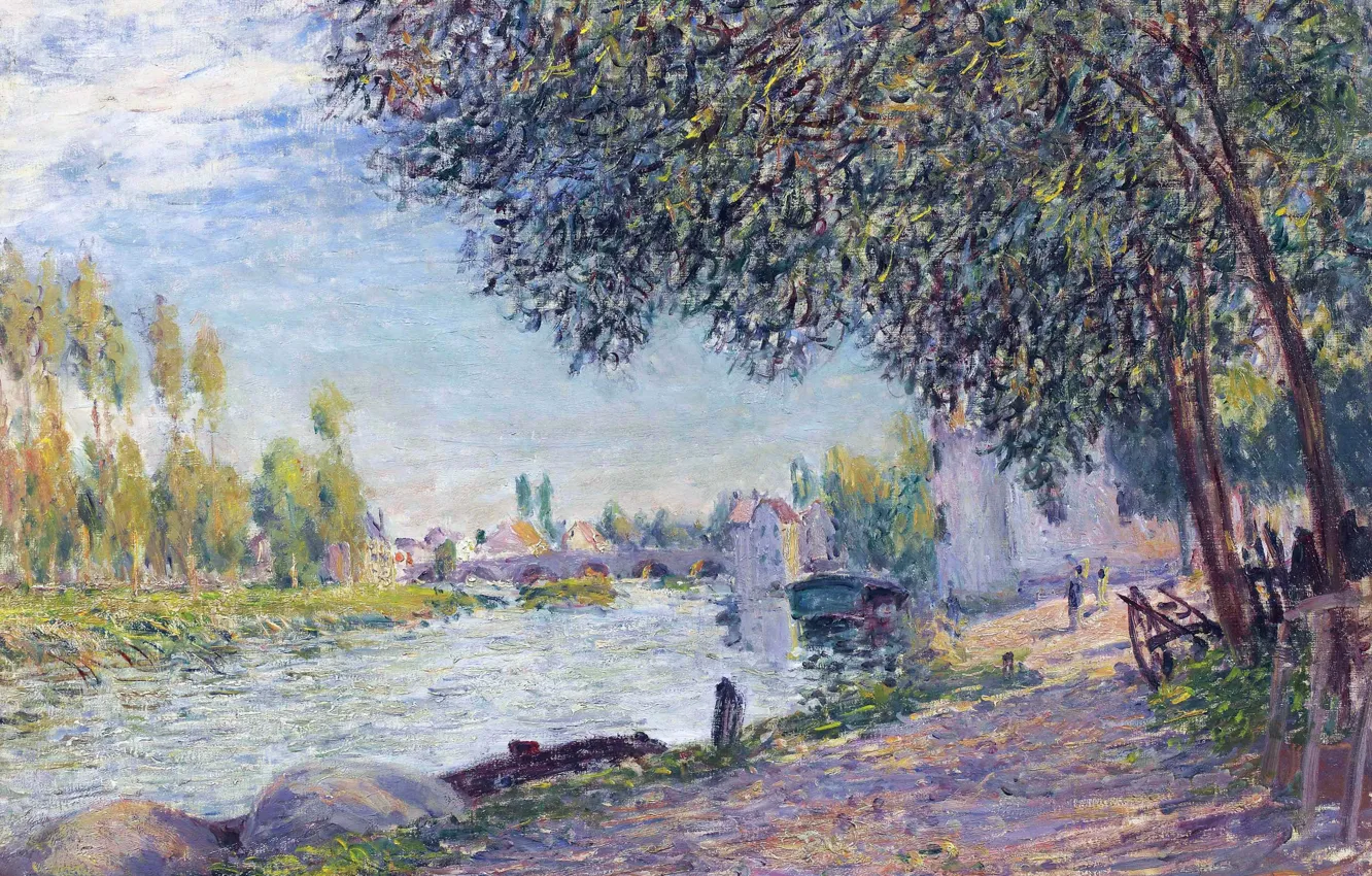 Фото обои пейзаж, картина, Alfred Sisley, Альфред Сислей, Мост в Морэ-сюр-Луэне. Вечер