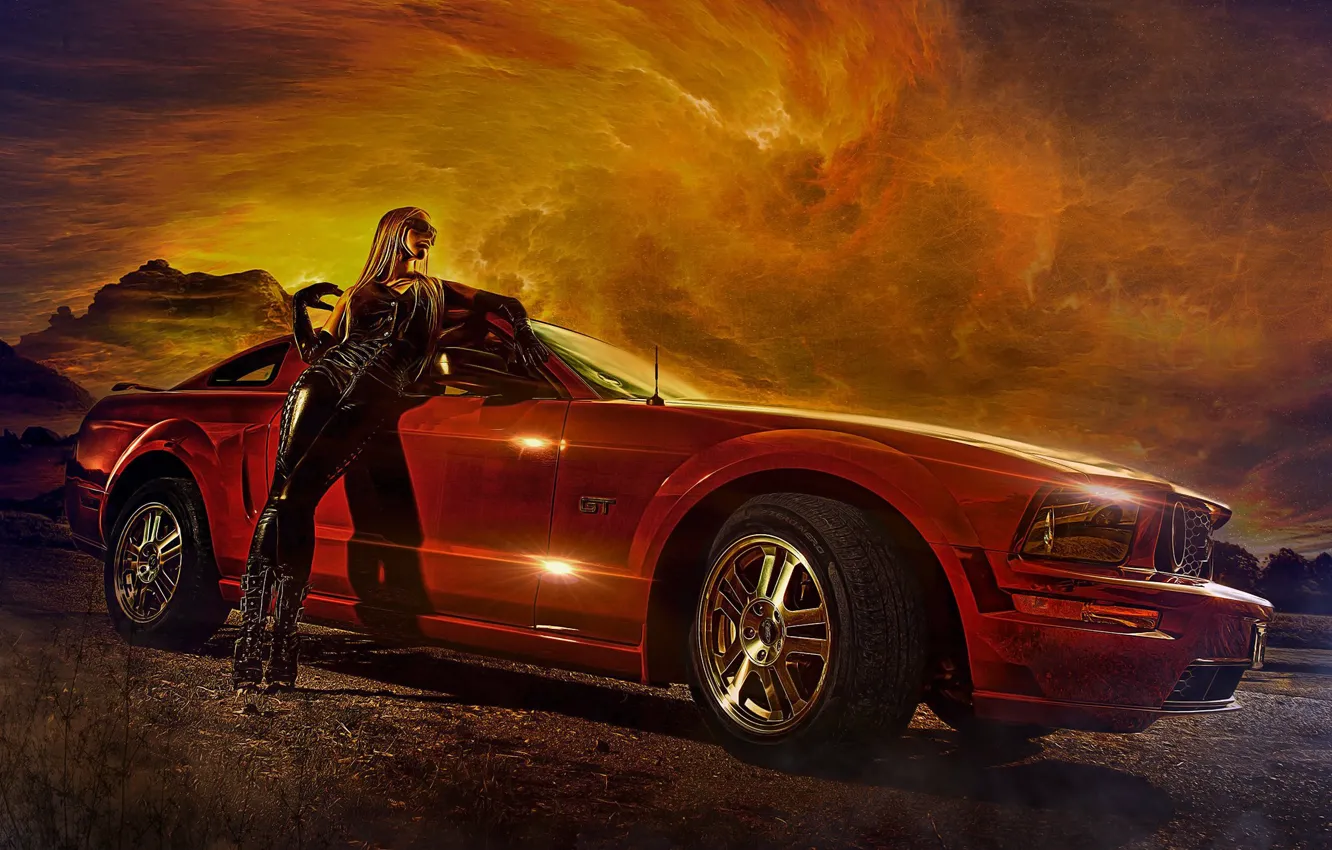 Фото обои машина, авто, небо, девушка, поза, Mustang, латекс, комбинезон