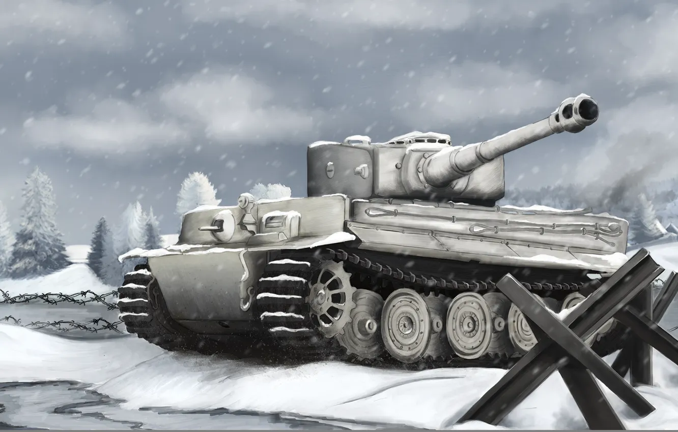 Фото обои зима, война, рисунок, Тигр, танк, Арт, Tiger, немецкий