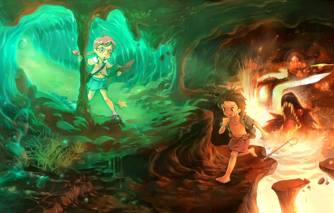 Фото обои дети, монстр, арт, лава, пещера