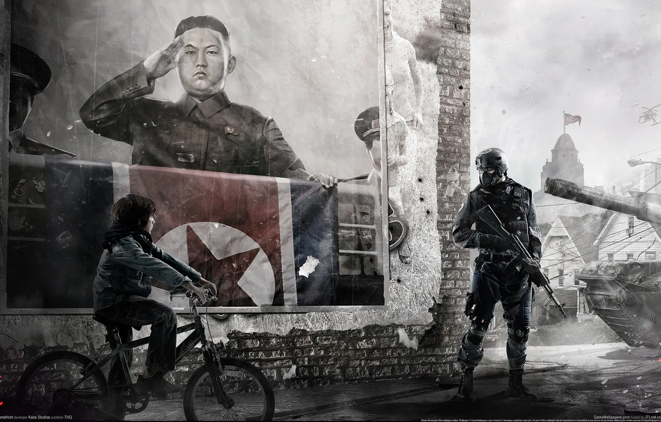 Фото обои велосипед, плакат, солдат, лидер, Homefront, КНДР, Ким Чен Ын
