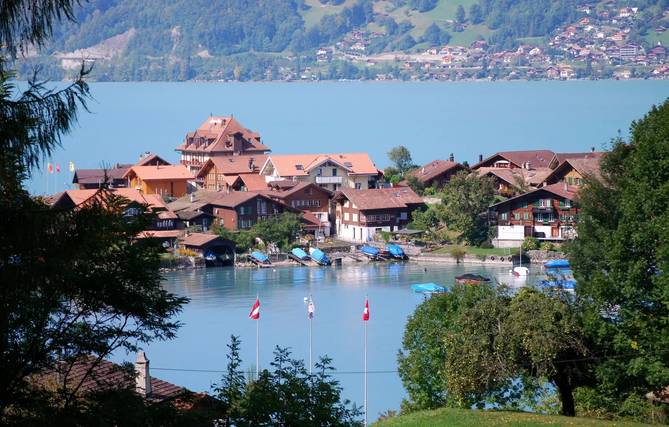 Фото обои пейзаж, горы, озеро, дома, Швейцария, Switzerland, деревья., Берн