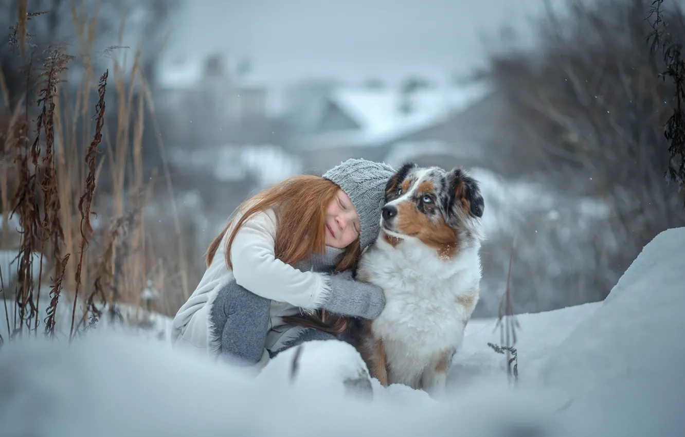 Фото обои зима, радость, счастье, собака, девочка, друзья