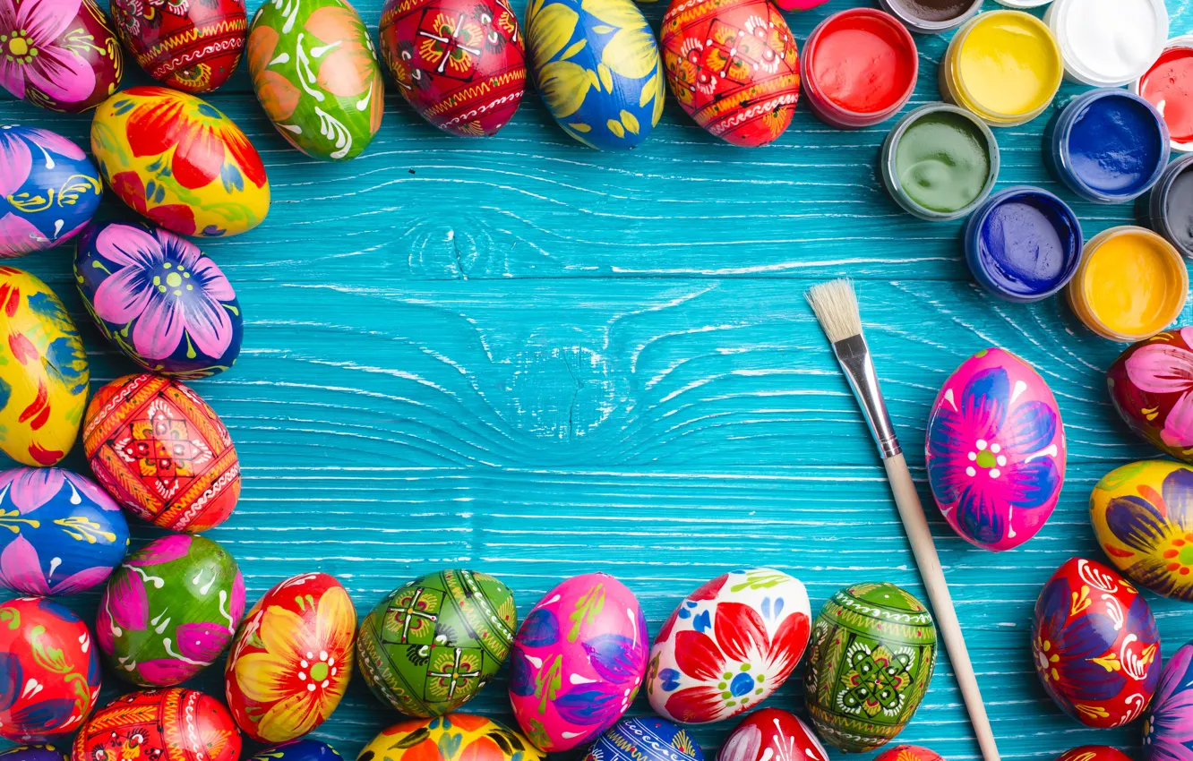 Фото обои краски, весна, colorful, Пасха, wood, spring, Easter, eggs