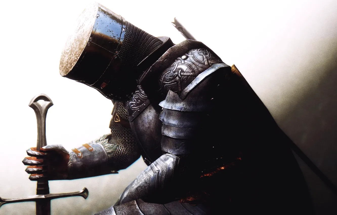 Фото обои рендеринг, фон, меч, доспехи, воин, шлем