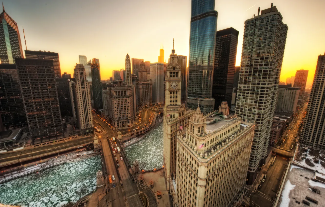 Фото обои зима, мост, city, река, небоскребы, утро, Чикаго, USA
