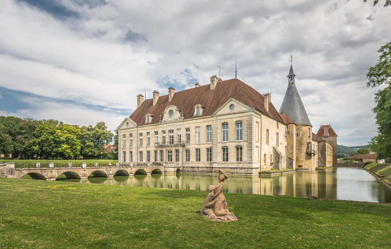 Фото обои мост, замок, Франция, скульптура, лужайка, France, ров, Бургундия