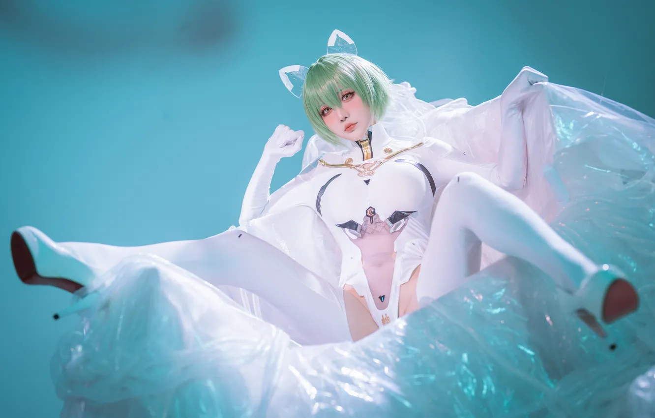 Фото обои model, women, cosplay, green hair, spread legs, video game girls, Hoshilily, Asian