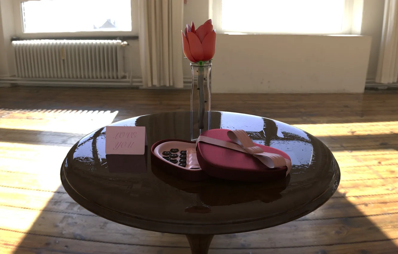 Фото обои цветок, праздник, подарок, шоколад, утро, ваза, столик, Valentine's Day