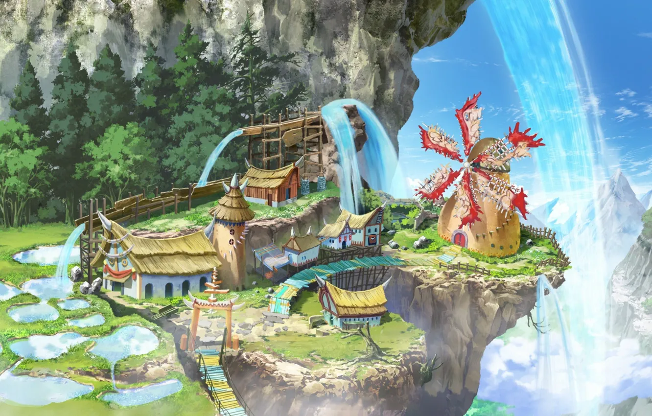 Фото обои anime, mountains, waterfall, village, valley, asian, mill, japanese