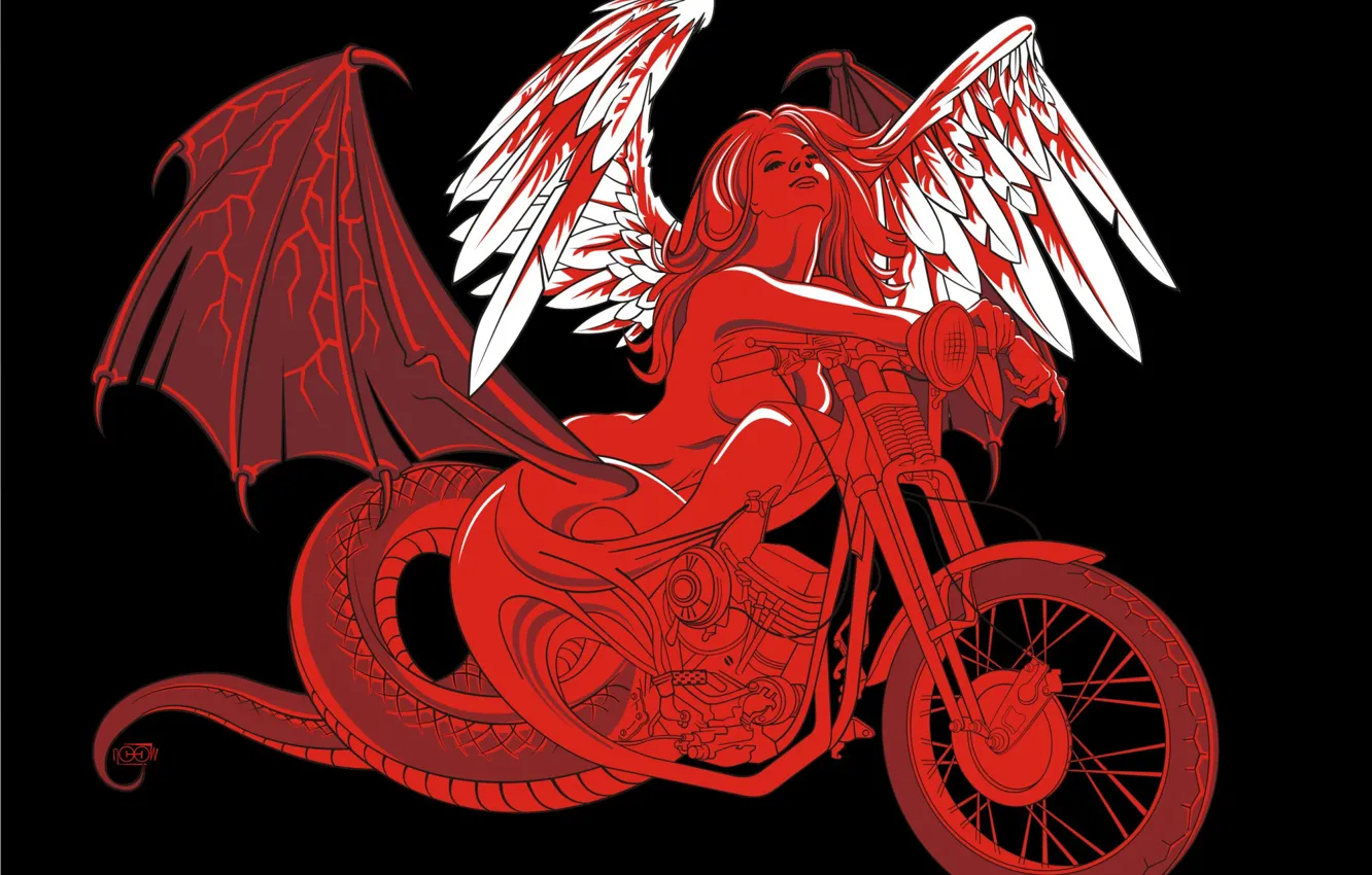 Фото обои девушка, крылья, вектор, мотоцикл