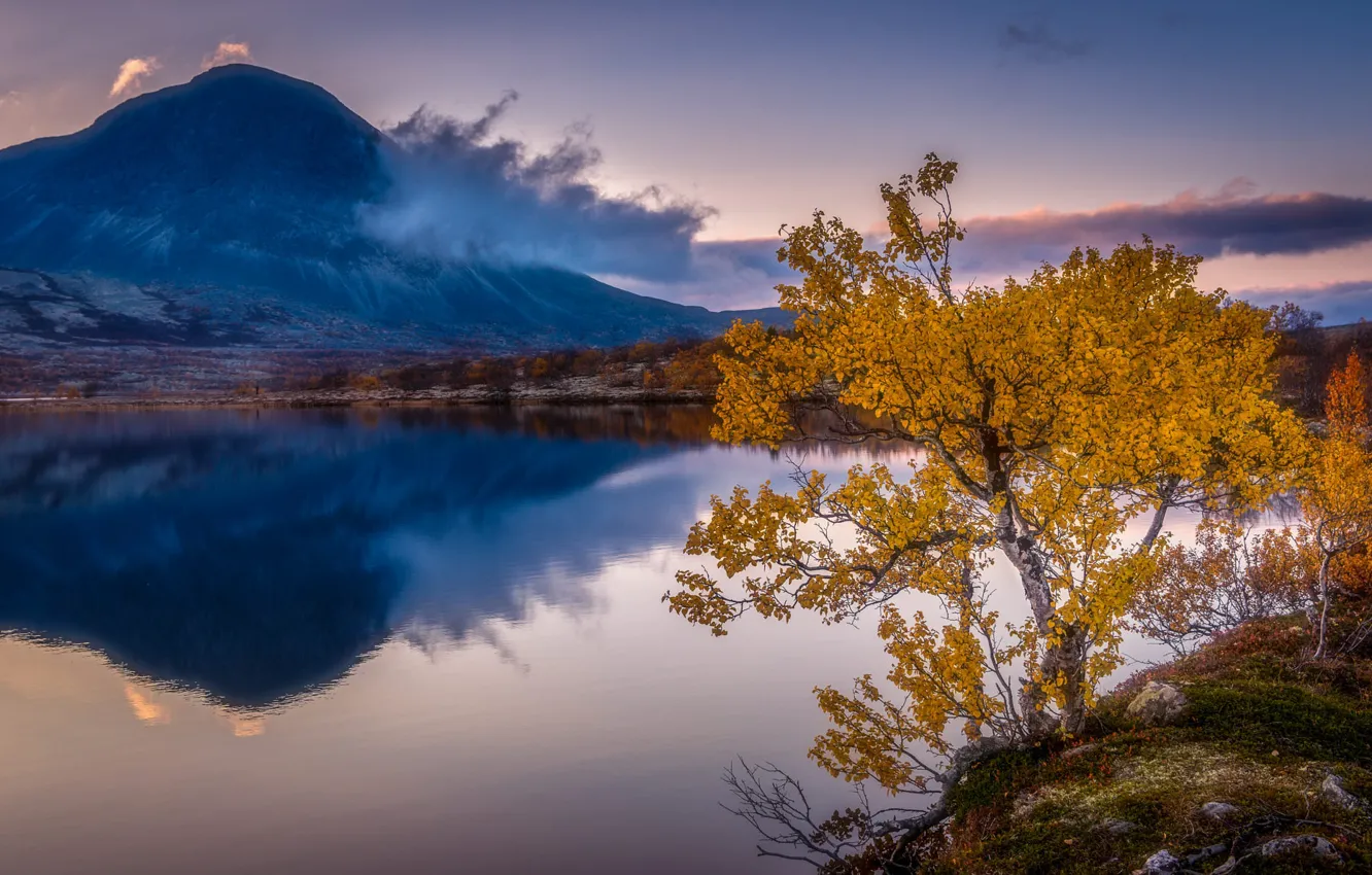 Фото обои осень, облака, пейзаж, природа, озеро, отражение, дерево, гора