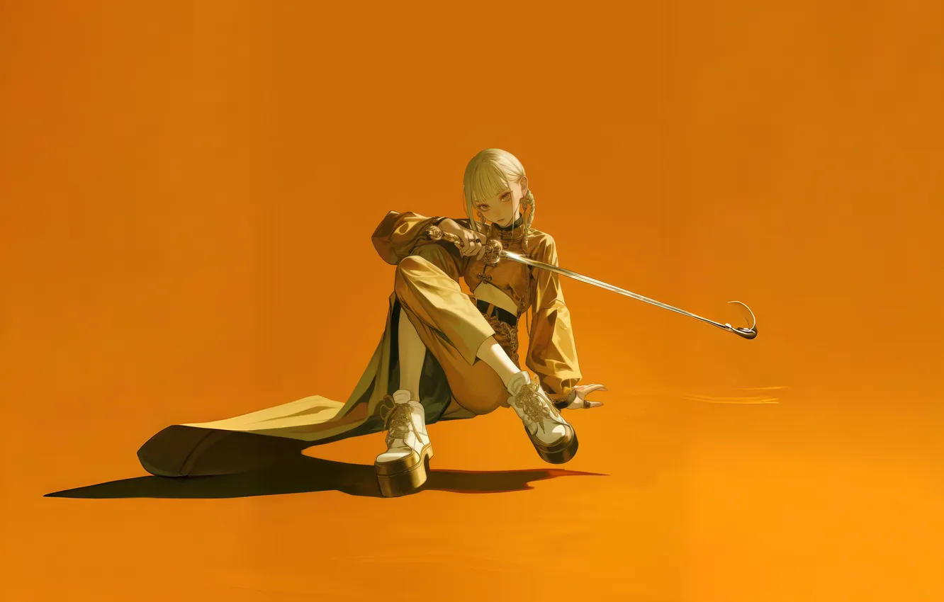 Фото обои women, white hair, AI Art, holding sword