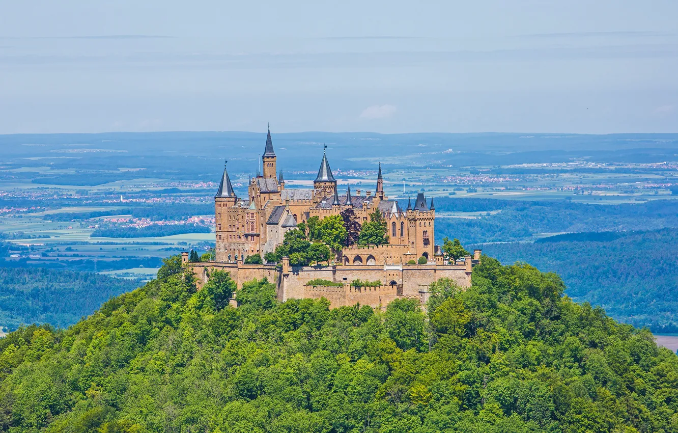 Фото обои лес, замок, Германия, холм, Гогенцоллерн, Burg Hohenzollern