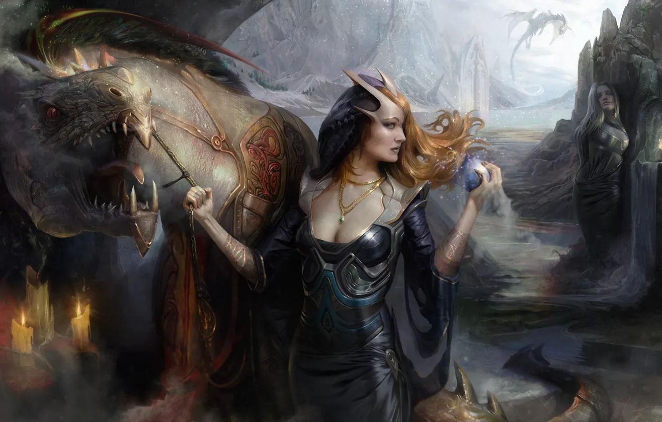Фото обои девушки, дракон, монстр, существо, свечи, арт, сфера, демоница