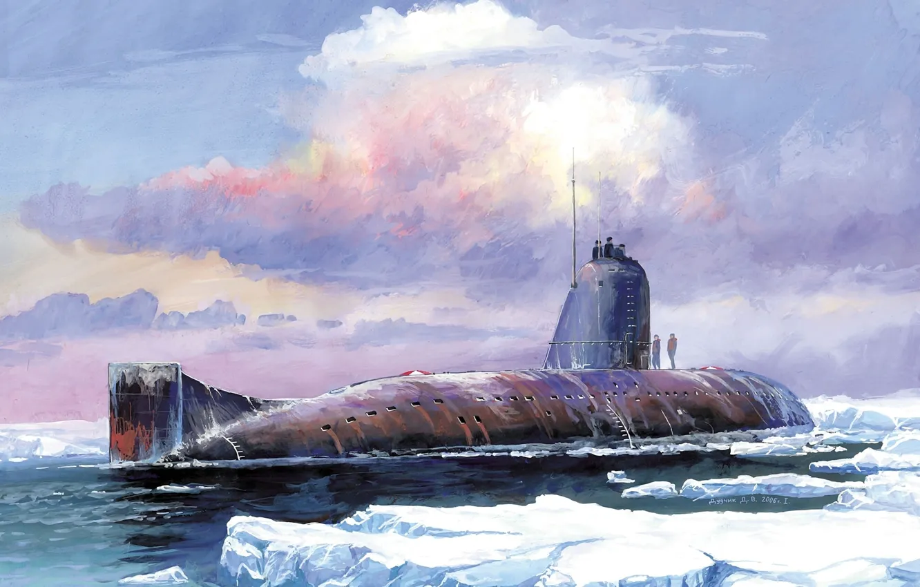 Фото обои небо, вода, облака, лодка, арт, льды, СССР, подводная
