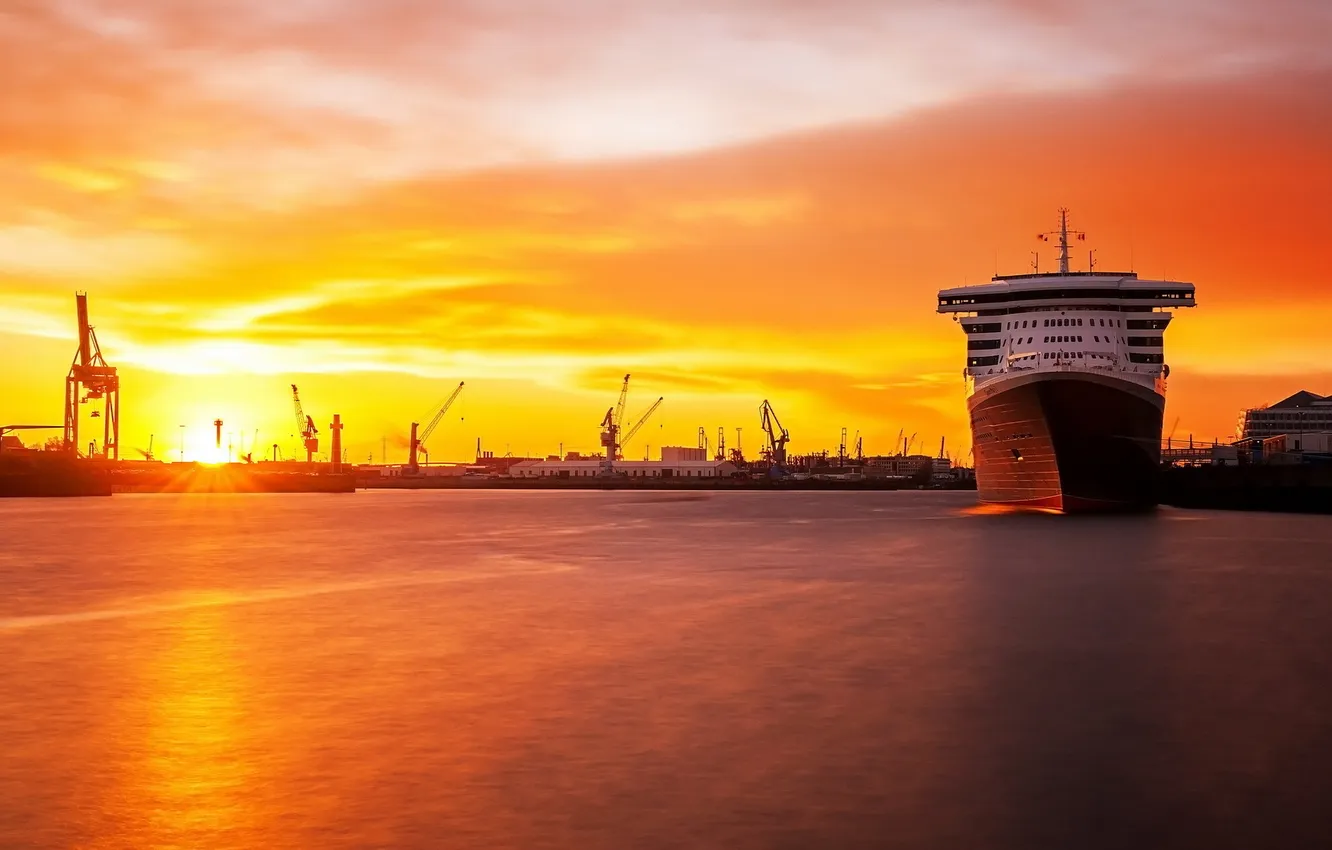 Фото обои пейзаж, закат, корабль, порт