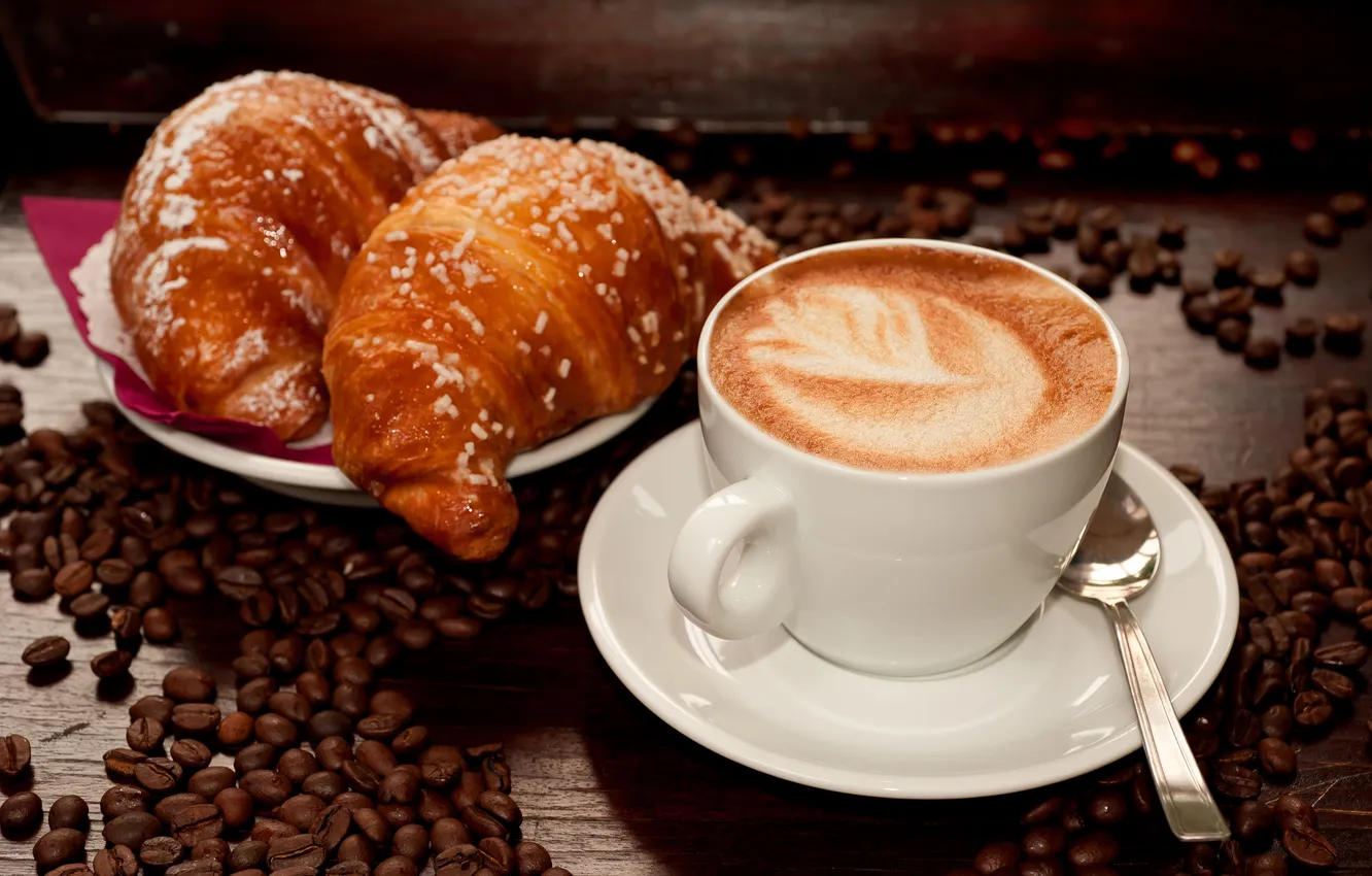 Фото обои cup, coffee, cream, croissant, cappuccino, delicious, creamy, capuccino