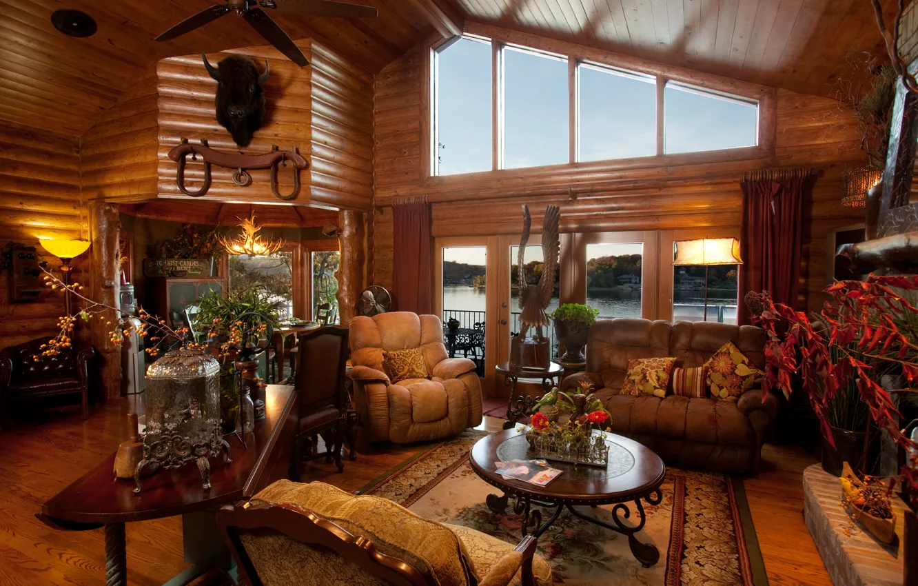 Фото обои дом, стол, диван, кресла, деревянный, окна.