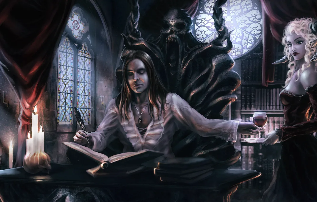 Фото обои девушка, кровь, бокал, платье, демон, рога, вампир, трон