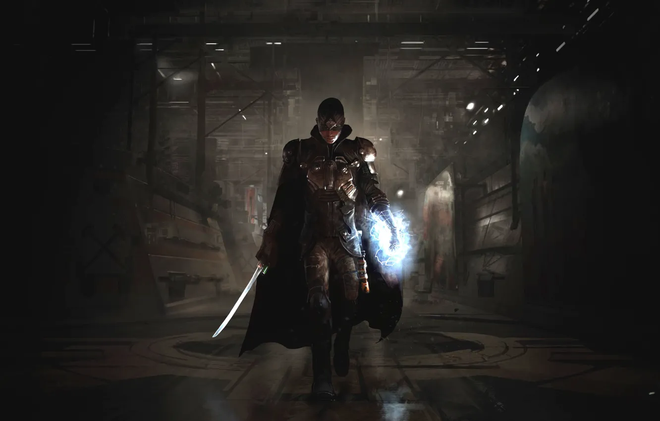 Фото обои меч, маска, броня, боец, плащ, ток, Focus Home Interactive, The Technomancer
