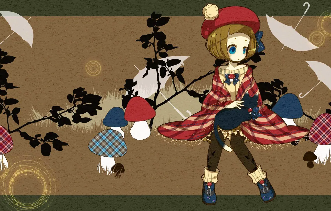 Фото обои осень, кошка, гриб, зонт, аниме, арт, девочка