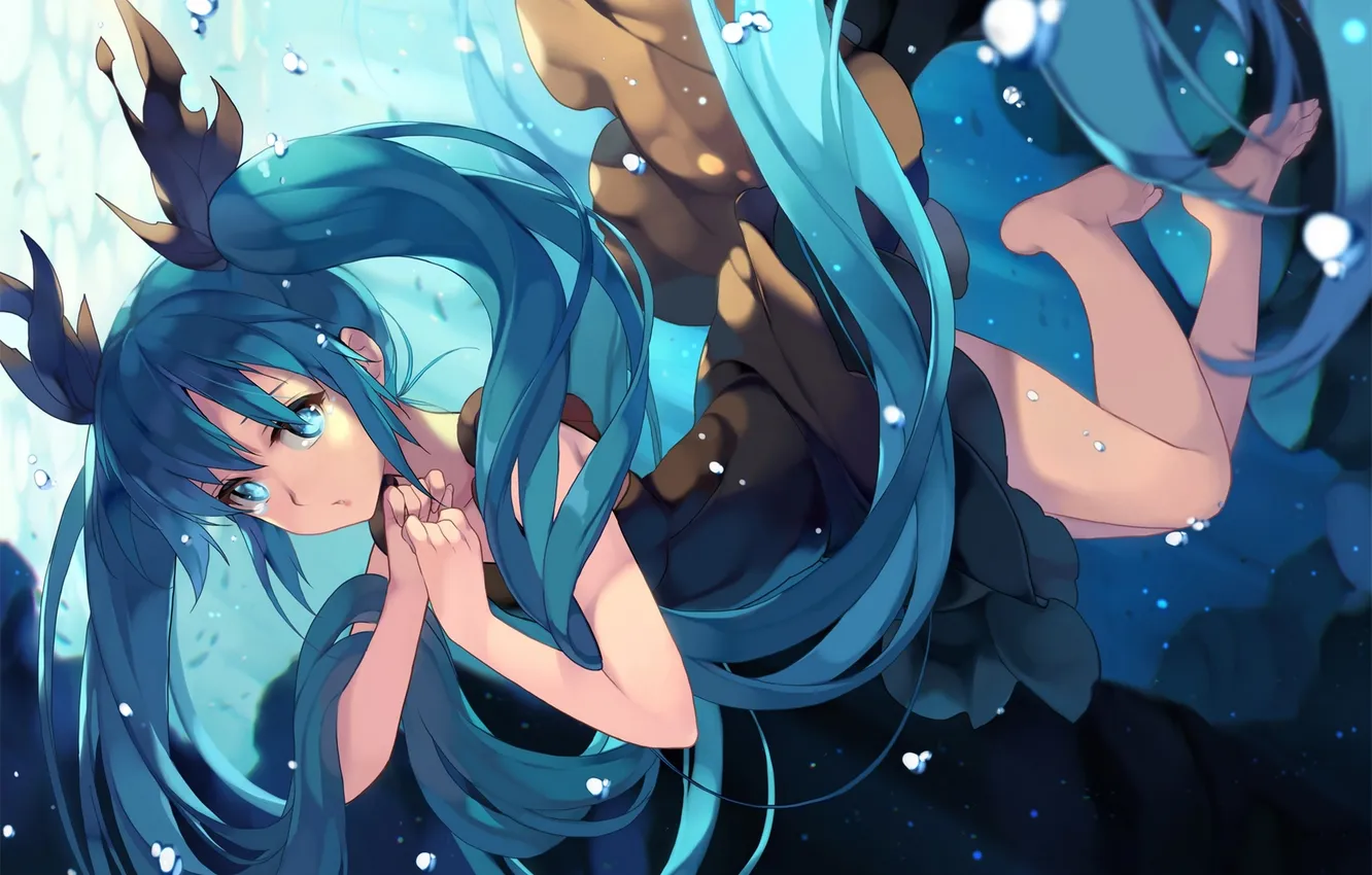 Фото обои девушка, пузыри, аниме, арт, vocaloid, hatsune miku, под водой, deep-sea girl