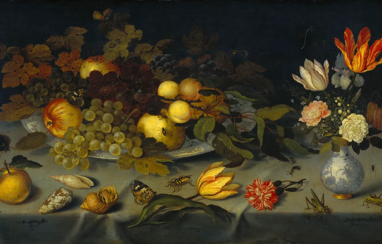Фото обои масло, картина, 1621, Натюрморт с фруктами и цветами, Бальтазар ван дер Аст, Balthasar van der …