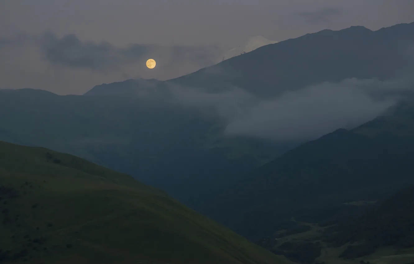 Фото обои пейзаж, горы, ночь, природа, луна, вечер, кавказ
