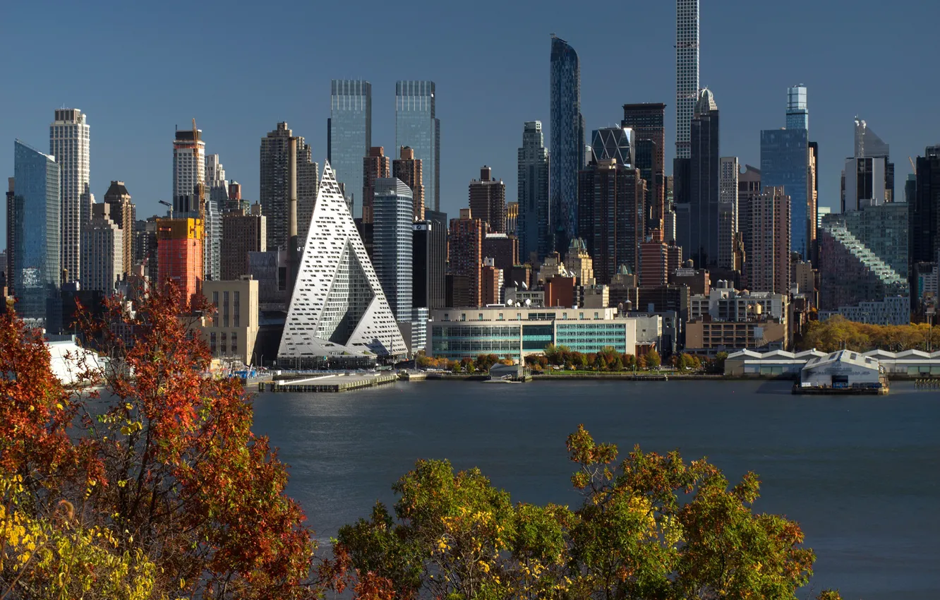 Фото обои city, USA, river, sky, trees, water, New York, Manhattan
