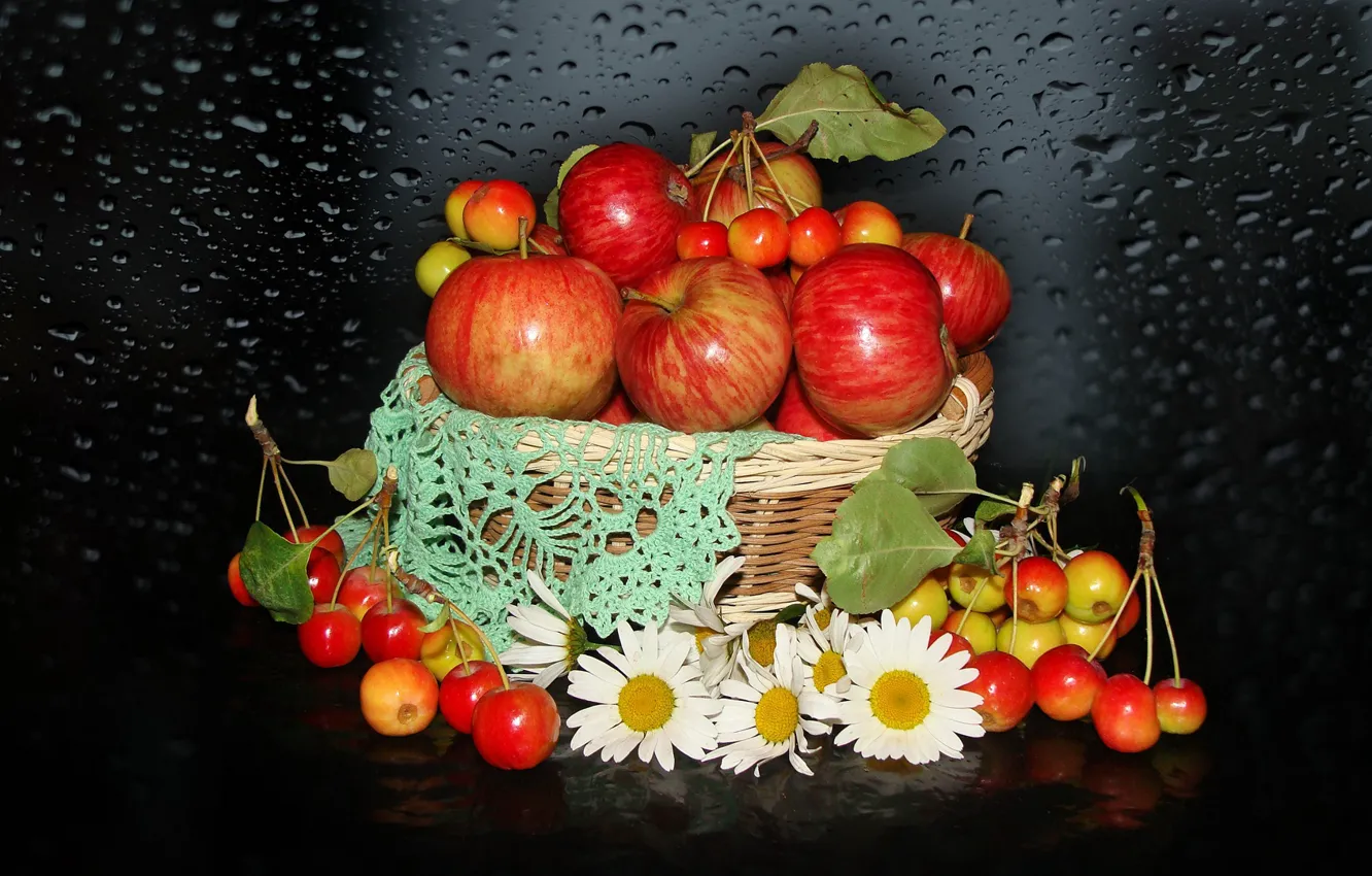 Фото обои природа, настроение, яблоки, ромашки, красота, корзинка, красивые, beautiful