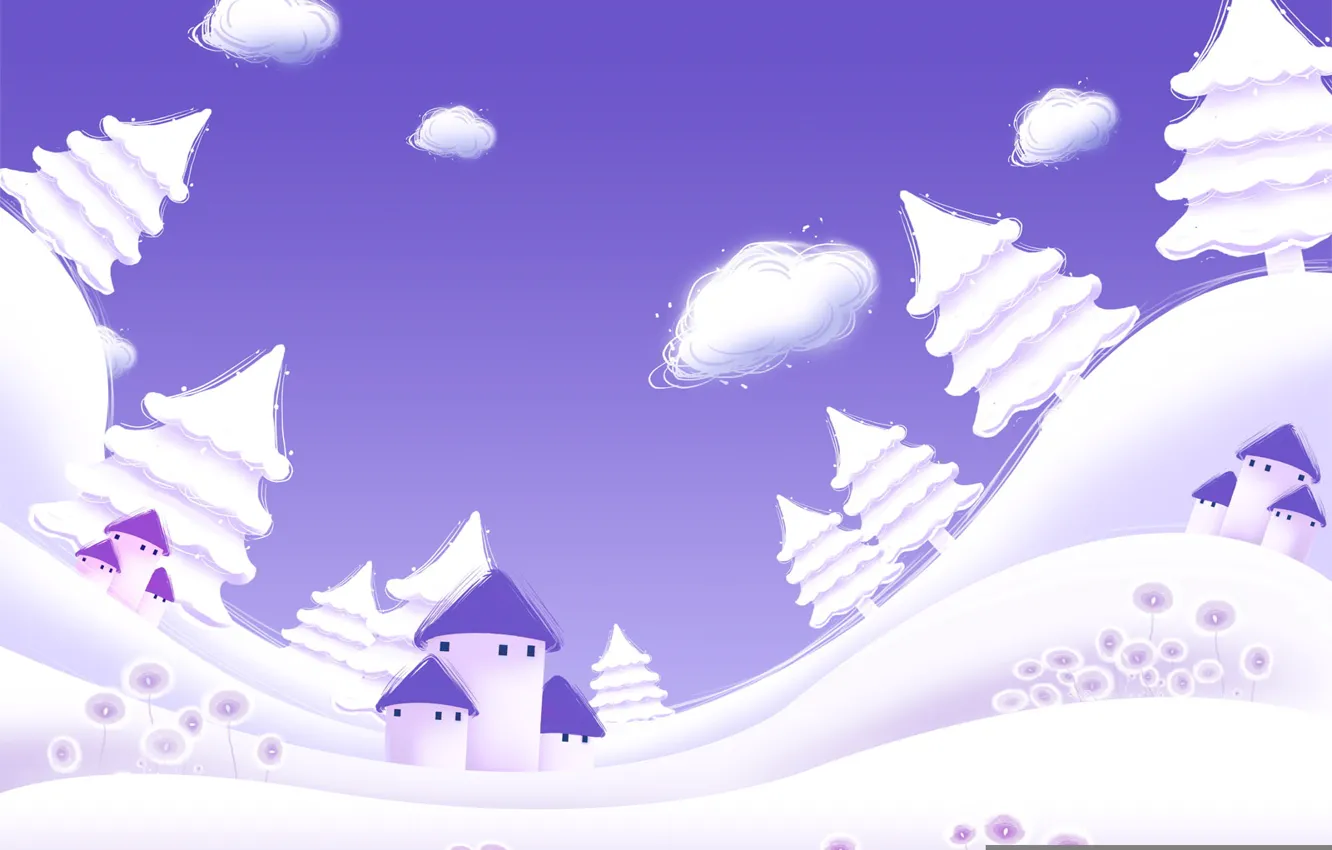 Фото обои зима, фиолетовый, облака, снег, елки, вектор