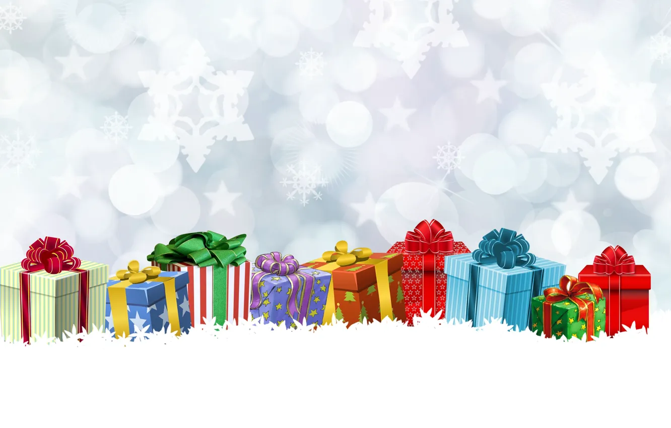 Фото обои зима, снег, снежинки, праздник, яркие, вектор, Рождество, подарки